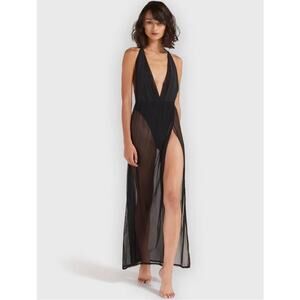 Bluebella Paloma Long Chemise Black Sheer Mesh Plunge Open Back Maxi Dress S